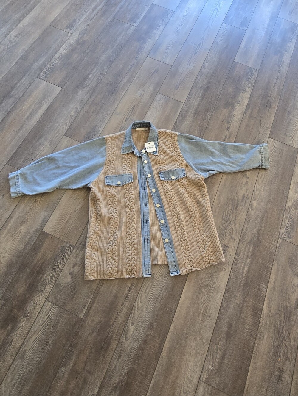 Altar'd State Beige Knit Front with Light Blue Denim Trim Jacket